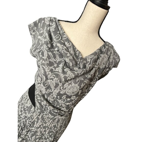 Betsey Johnson Dress Gray & White Floral Print Pleated  Cowl Neck Back Zipper 14 - Picture 3 of 8